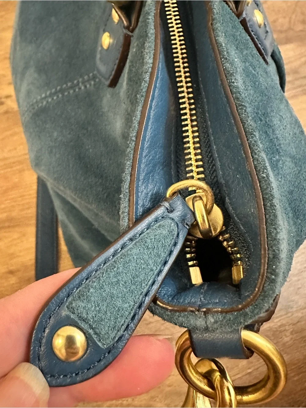 Coach Campbell Izzy Suede Satchel F25300 Teal Blue Leather Crossbody Bag